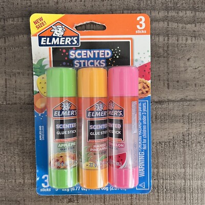Elmer's 3 Scented Glue Sticks Apple Mango Pineapple and Watermelon Lg Size.77 oz
