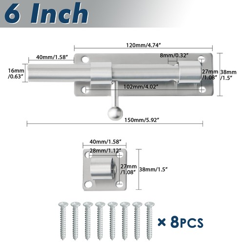 6 Zoll Edelstahl Gleitbolzen Riegel Laufbolzen für Zaun Holz Scheunentor - Bild 7 von 7