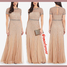 NEW 328 Adrianna Papell Cap Sleeve Beaded Mesh Gown Champagne  SZ 8  M7