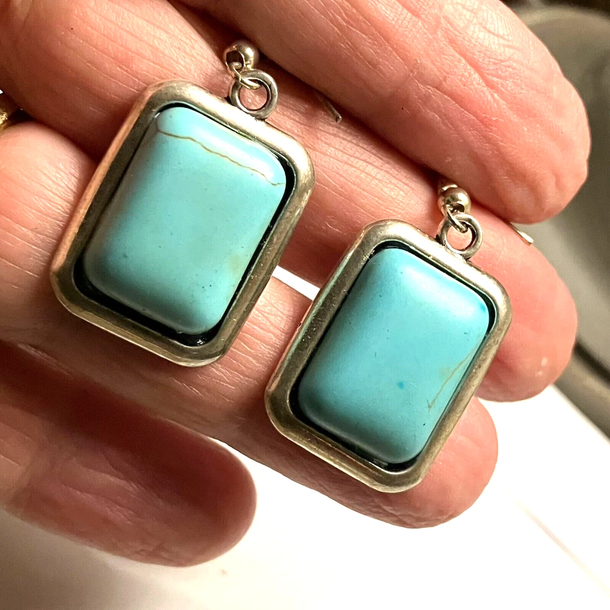 Turquoise Tone Stone Bead Earrings Decorative Backs Vintage Costume Jewellery