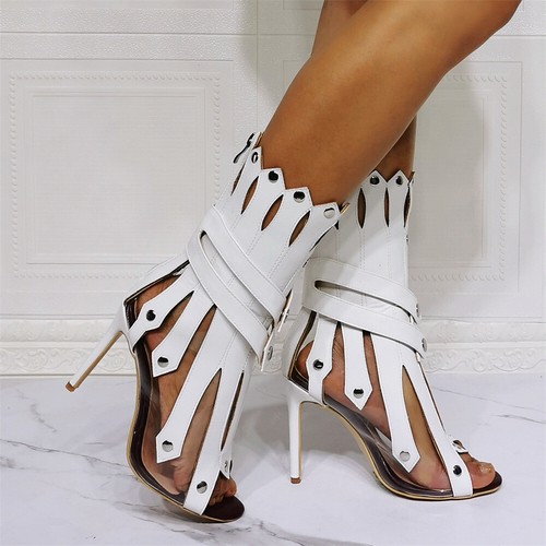 Sandalias para mujer Peep Toe tacones altos con hebilla de aguja PVC botas al tobillo zapatos de fiesta - Imagen 5 de 9