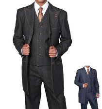Men's 100 Cotton Denim 3 Button Fashion Suit w/ Vest 5285 Black Denim Blue