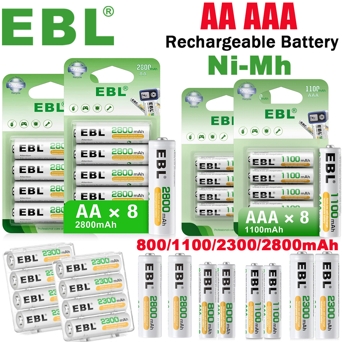 EBL AA AAA Rechargeable NI-MH Batteries 800mAh-2800mAh 1.2V Value Pack-image