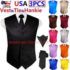 SET Vest Tie Hankie Fashion Men's Formal Dress Suit Slim Tuxedo Waistcoat Coat