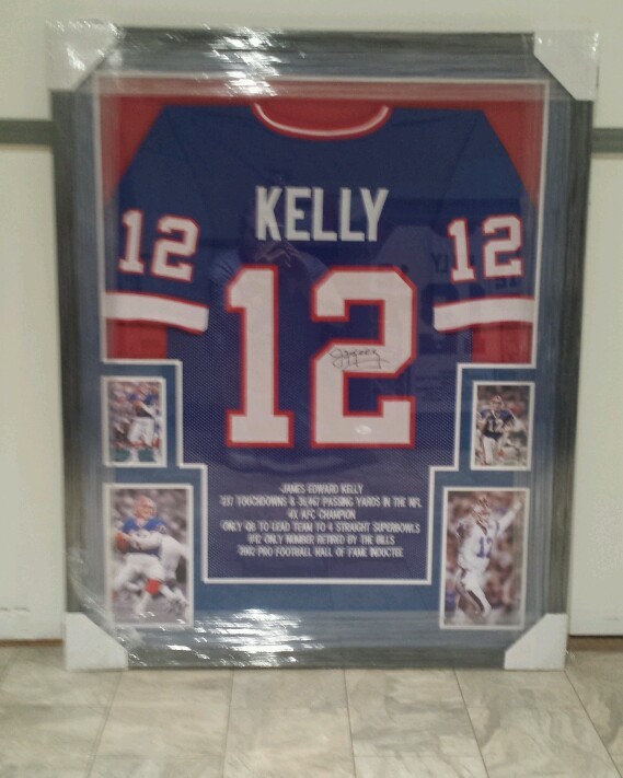 JIM KELLY AUTOGRAPHED BUFFALO BILLS STAT JERSEY FRAMED COA JSA. VERY NICE ! 