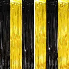 2 Pack Black and Gold Tinsel Foil Fringe Curtains Black and Gold Party Decora...