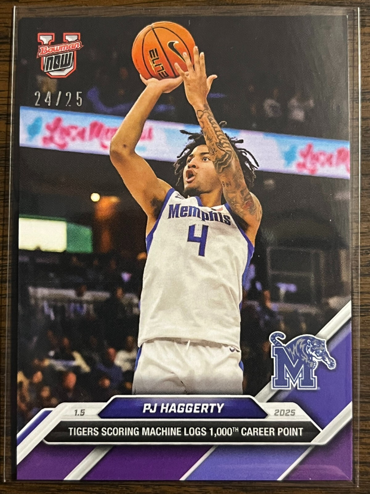 2024-25 Topps Bowman U Now NCAA #41 PJ Haggerty Memphis Tigers PURPLE 24/25