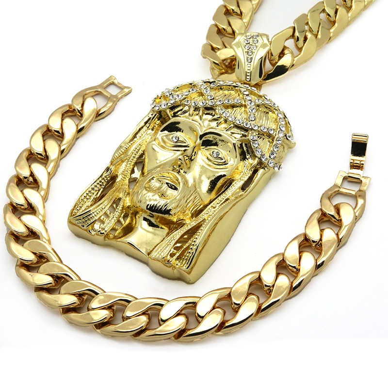 Mens 14k Gold Plated Large Crown Jesus Cubic-zirconia 30" Cuban Chain Bracelet - Product main view
