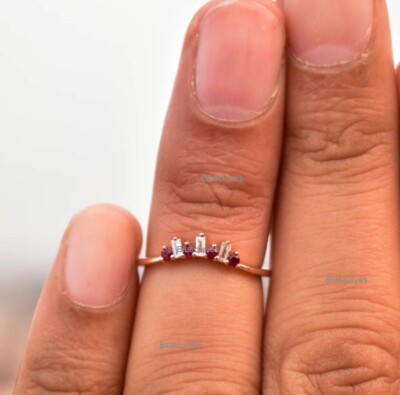 Alternate Ruby Baguette Diamond Curve Stackable Ring In Solid