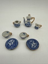 Vintage Miniature Blue  White Tea Set Gold Trim 8 Piece Set