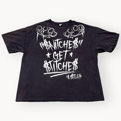 Y2K Hustler  Black Grunge Snitches Get Stitches Graphic Tee Mens XXL