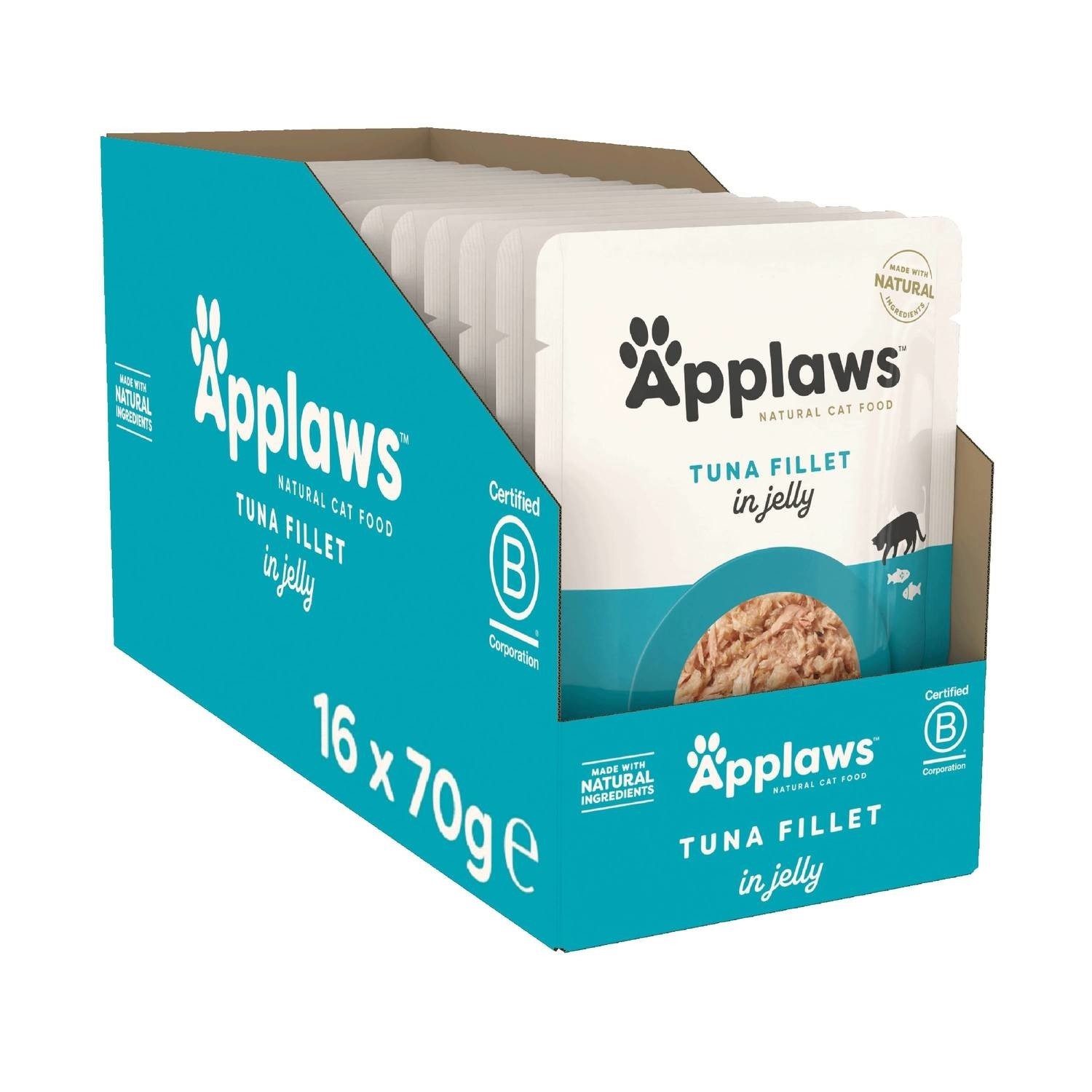 16 x 70g Applaws Natural Wet Cat Food Tuna in Jelly Pouch for Adults Cats