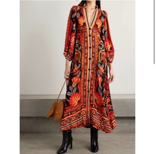 Farm Rio Red Nature Beauty Long Sleeve Scarf Maxi Dress Size Medium