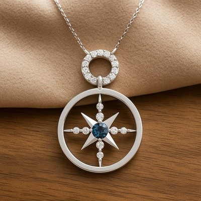 London Blue Topaz & Diamond Compass Pendant Sterling Silver December Birth #1038