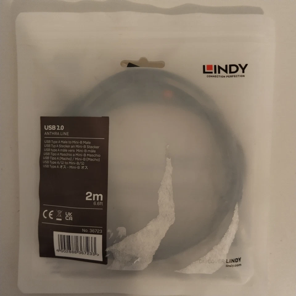 Lindy 2m USB 2.0 Type A to Mini-B Cable, Anthra Line, Pro Range, Gold Plated - Image 2 of 3