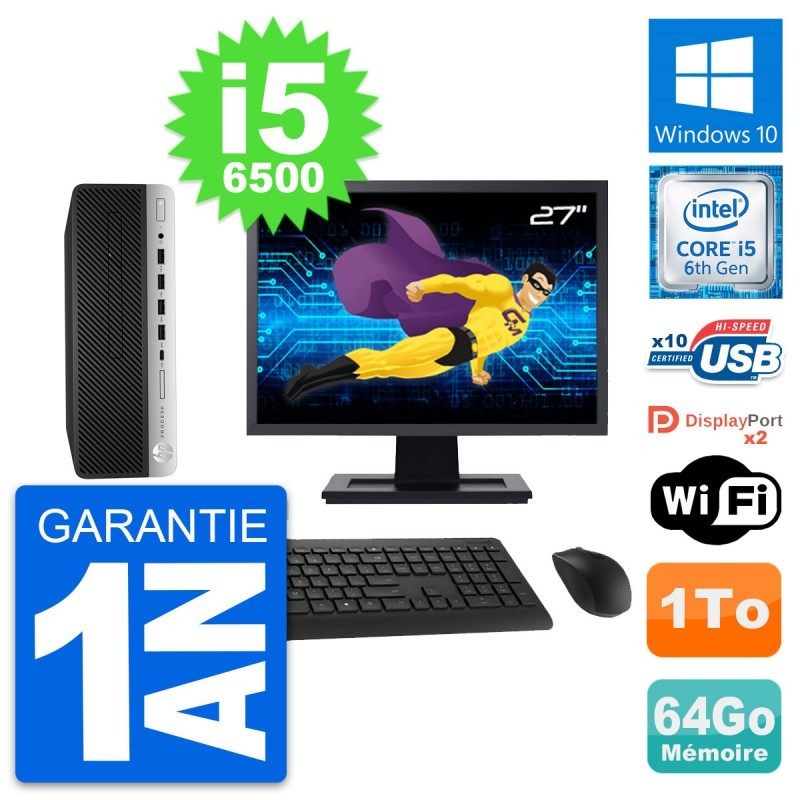 PC HP 600 G3 SFF Ecran 27" Intel i5-6500 RAM 64Go Disque Dur 1To Windows 10 Wifi
