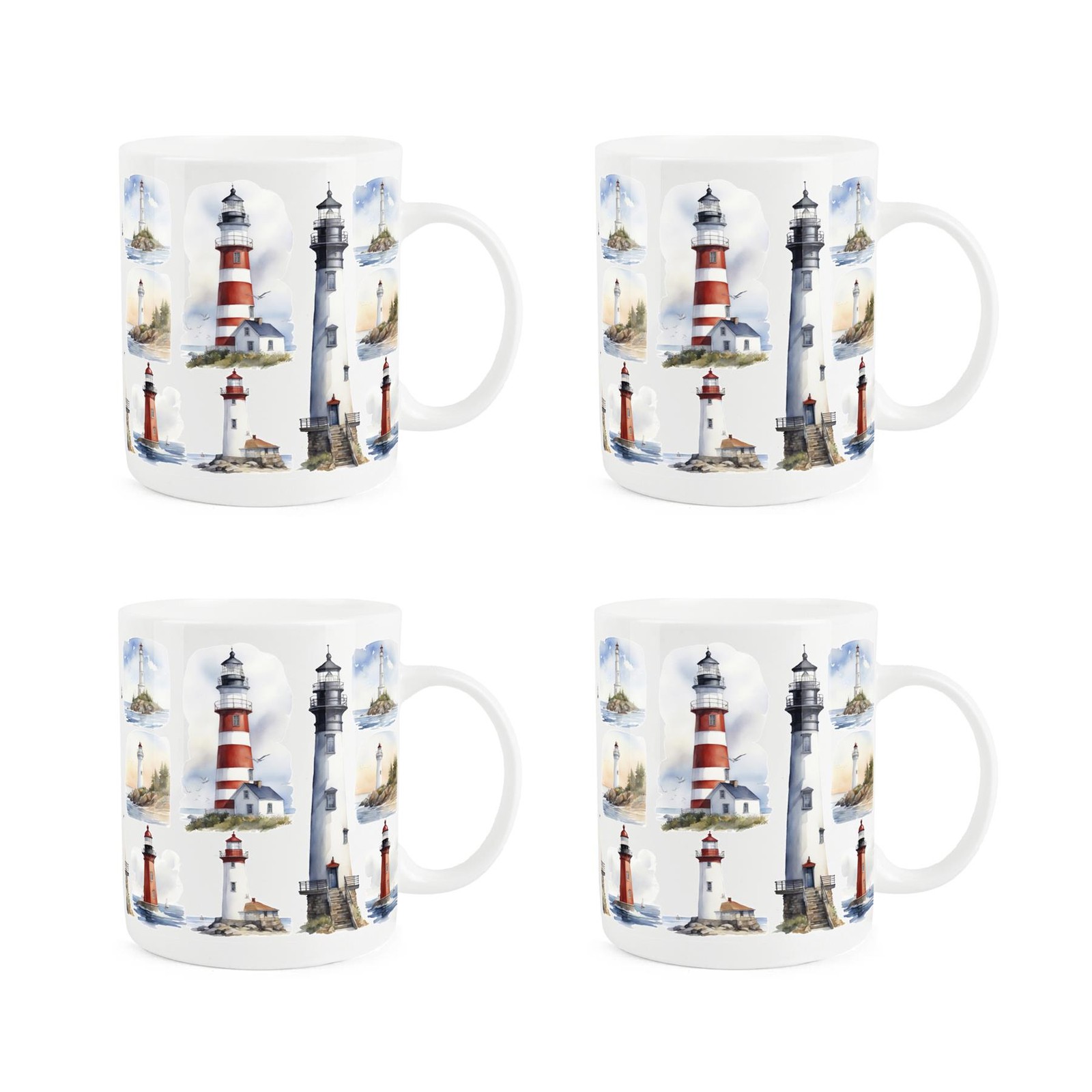 Lighthouse Mugs - Sailing Boating Coastal Gift/Present - Bone China Cup Set of 4