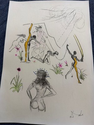 salvador dali drawing and painting on old paper signed stamped vintage
