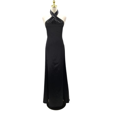 FORMAL PARTY SZ 2 XS Black Metallic halter satin prom gala maxi dress NEW B39
