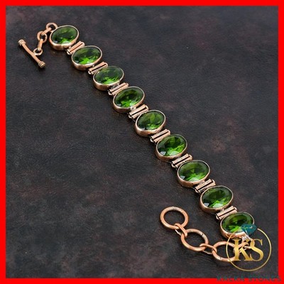 August Birth Oval Natural Peridot Copper Engagement Mother Bezel Unique Bracelet
