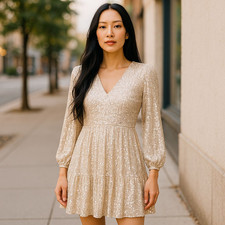 Eliza J Balloon Sleeve Sequin Skater Tiered V-Neck Dress In Silver Size 2 NWT