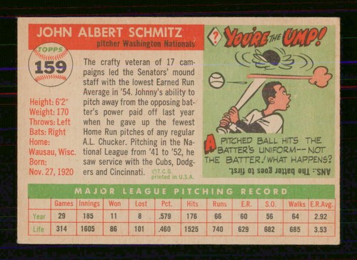 1955 TOPPS # 159 JOHNNY SCHMITZ J9686 - Afbeelding 2 van 2