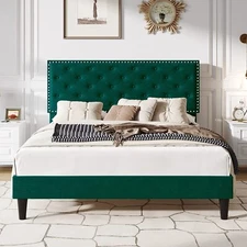 Queen Size Bed Frame with Adjustable Diamond Button Tufted Headboard, Green