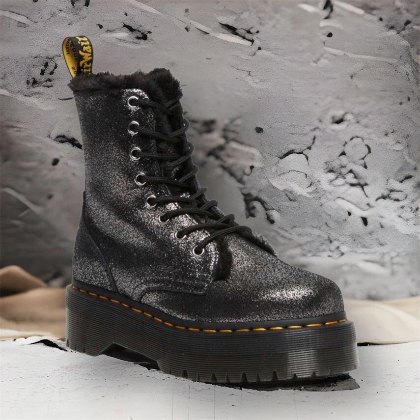 Womens Dr. Martens Jadon FL Fur Lined Black Silver Distress Mtllc Platform Boots