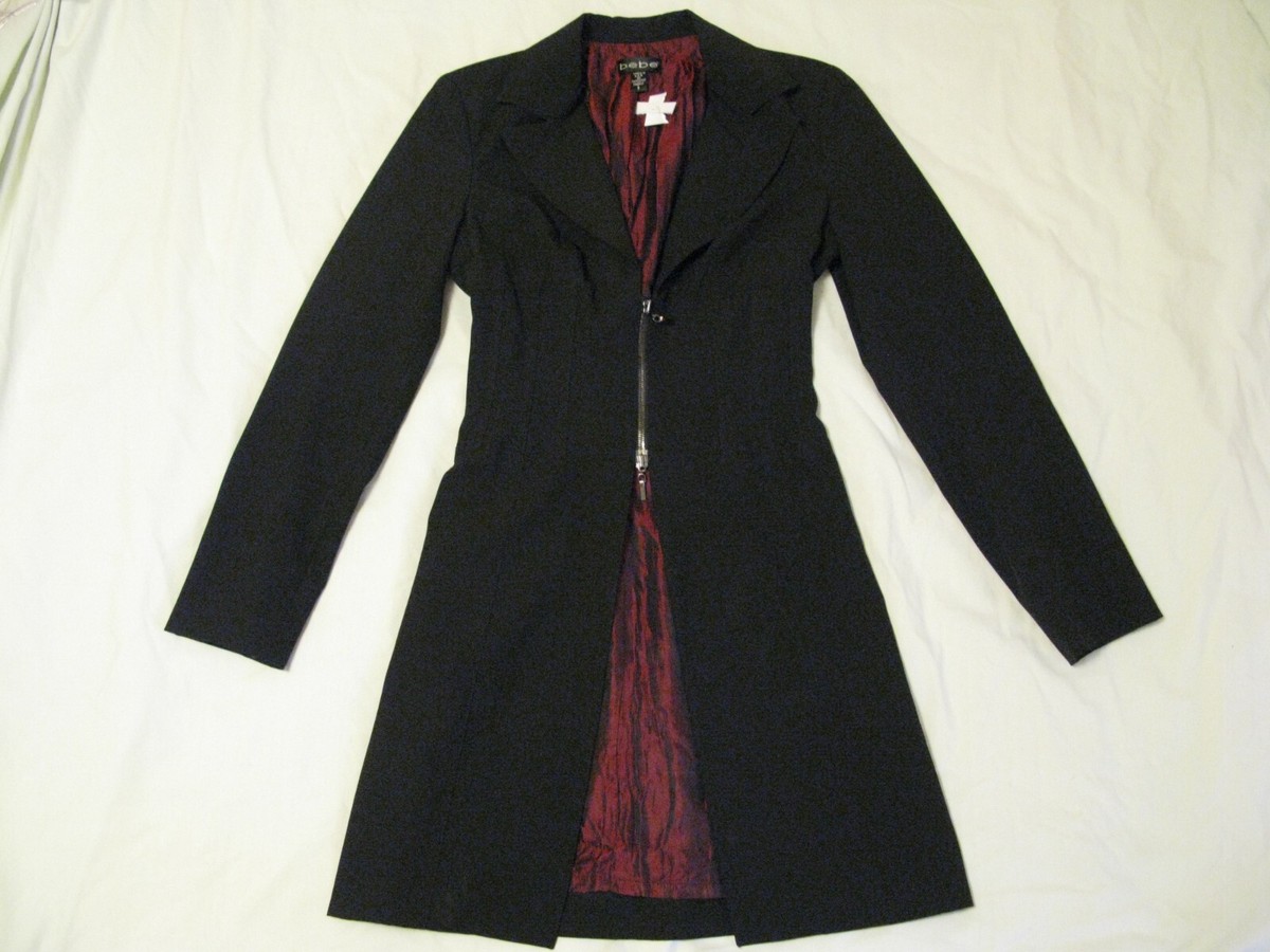 Bebe Black Stretch Rayon Corset Back Coat Jacket Ebony Black Sz S Rare  Style HTF