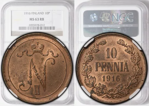 Russia, Finland, Nicholas II, 10 Pennia 1916, NGC MS 63 RB