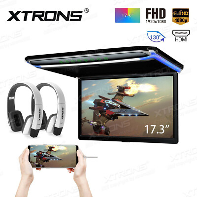 17.3'' Car TV Roof Flip Down Monitor HDMI USB 1080P Video Player +2x Headphones