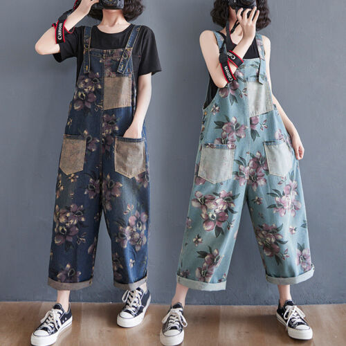 Women All-Match Cotton Denim Suspenders Trousers Overalls Wide-Leg Pants - Picture 1 of 13
