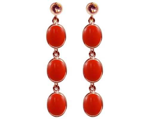 9ct Oro Rosa Natural Melocotón Coral Triple Ovalado Colgante Pendientes British