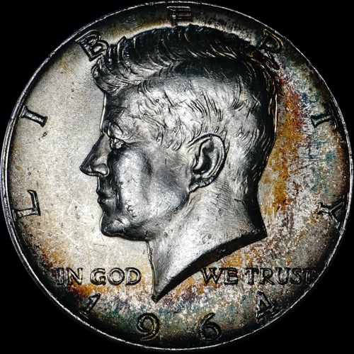1964 Kennedy Half Dollar 90% Silver, Uncirculated, Color Crescent As Shown  182