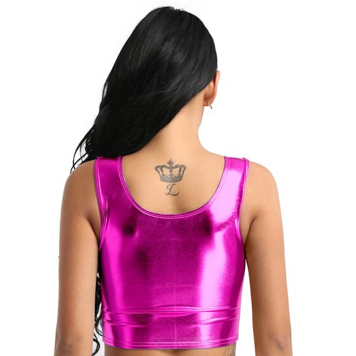 Women Tank Crop Top Shiny Metallic Scoop Neck Vest Fashion Bustier Blouse Shirt - Picture 40 of 114