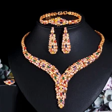 Gold Plated CZ Multicolored Wedding Necklace Earrings Ring Bracelet Jewelry Set