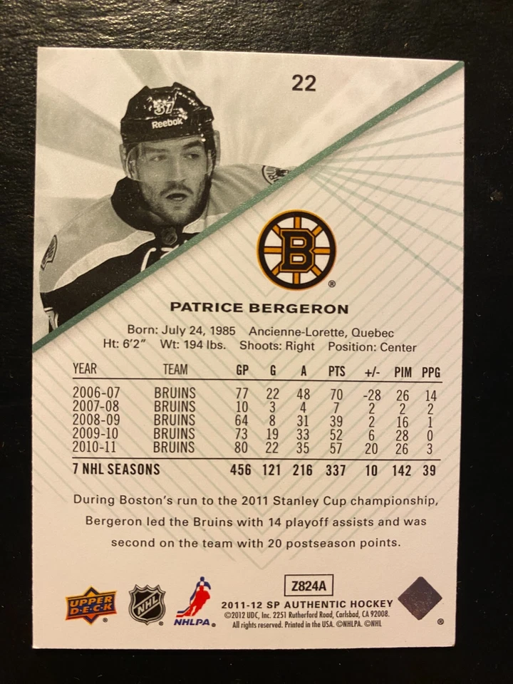 Patrice BERGERON 2011-12 SP Authentic Hockey Upper Deck #22 Boston Bruins - Image 2 of 2