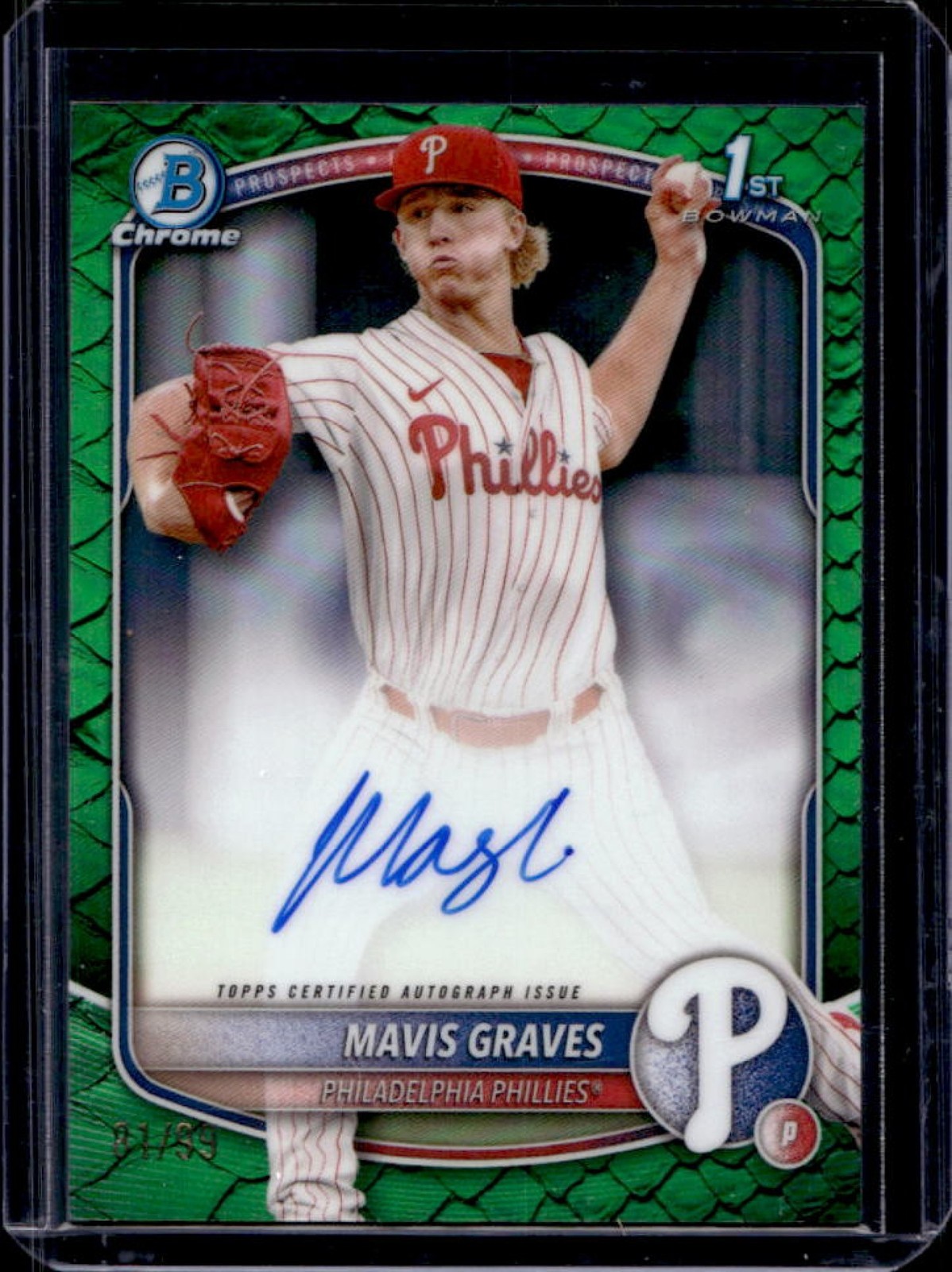 2025 Bowman Chrome Mavis Graves Auto Reptilian Green Refractor 1st Prospect #/99