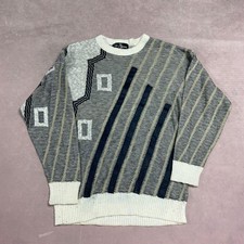 Vintage Abstract Knitted Jumper Patterned Grandad Knit Sweater Men's L