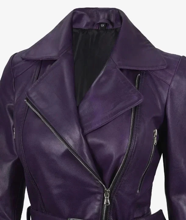 Women New Belted Asymmetrical Moto Biker Real Lambskin Purple Leather Jacket - Image 4 of 4