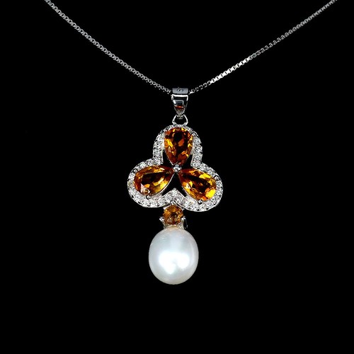 925 Sterling Silver Necklace Pear Citrine 6x4mm Pearl Natural Gemstone Jewelry 1