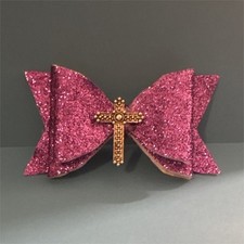 Purple Glitter Bow Hair Clip Gold Cross Accent for Girls