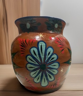 Mexican Pot Vase Red Clay Hand painted Vibrant  Floral  5   Boho