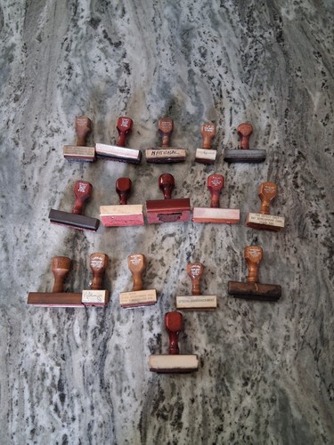 Lot of 16 Vintage Office Desk Stamps /Wood Handles Industrial *Read Description*