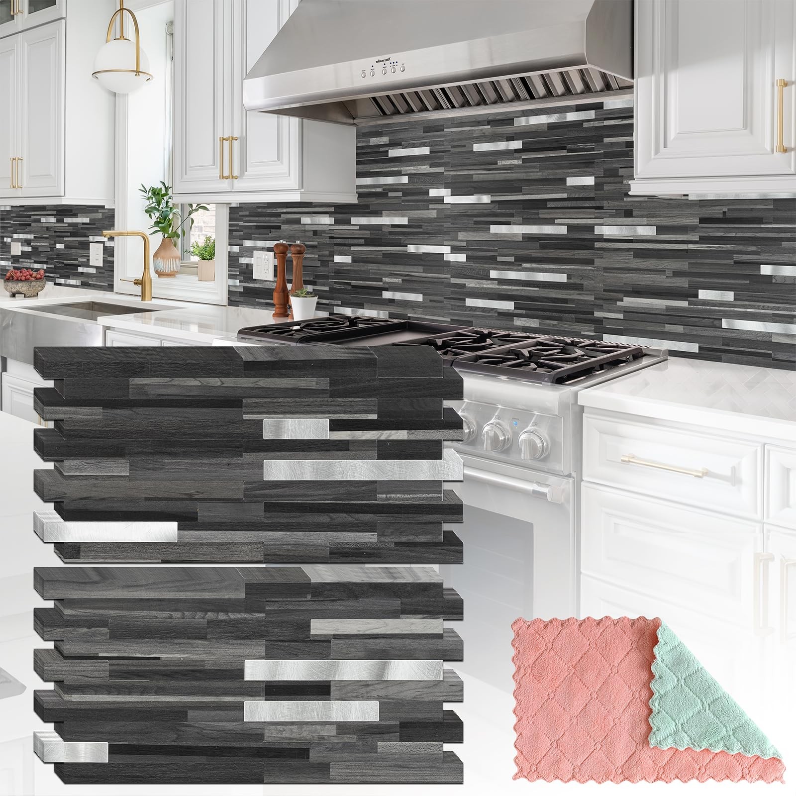 20 Sheets Black Grey Wood Peel and Stick Kitchen Backsplash with Metallic Finish