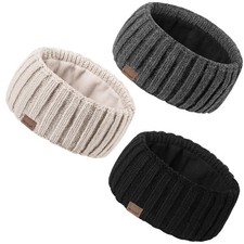 3 PCS Womens Winter Headbands Ear Warmers Wool Knit Thick Fleece Lined Muff