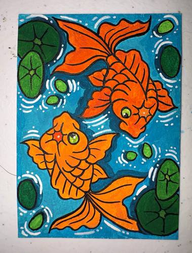 ACEO Original Gouache Painting: Ying Yang Koi & Lily Pads