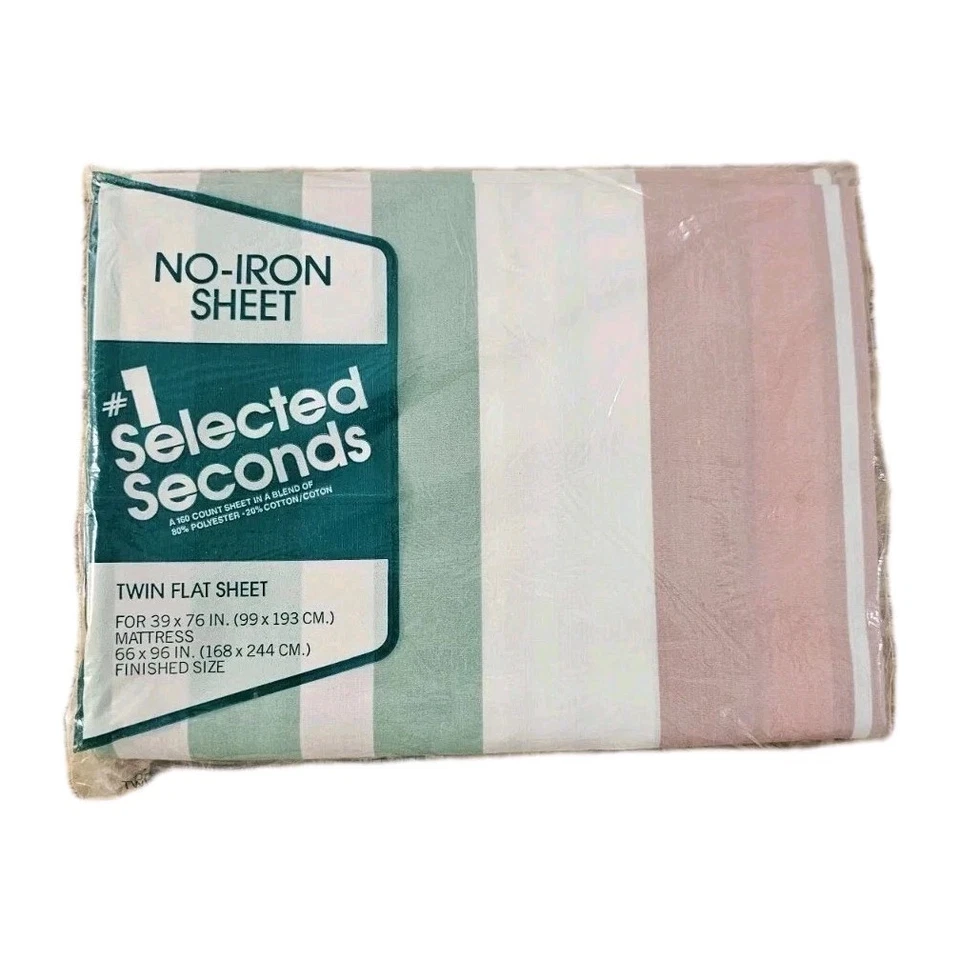 Vintage Twin Flat Sheet Striped Pastel Pink Green White x 2 Retro  - Image 2 of 4