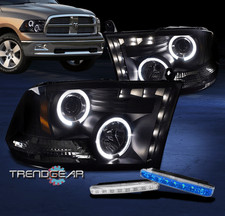 FOR 09-17 RAM PICKUP LED HALO BLACK/SMOKE PROJECTOR HEAD LIGHT+BLUE DRL SIGNAL
