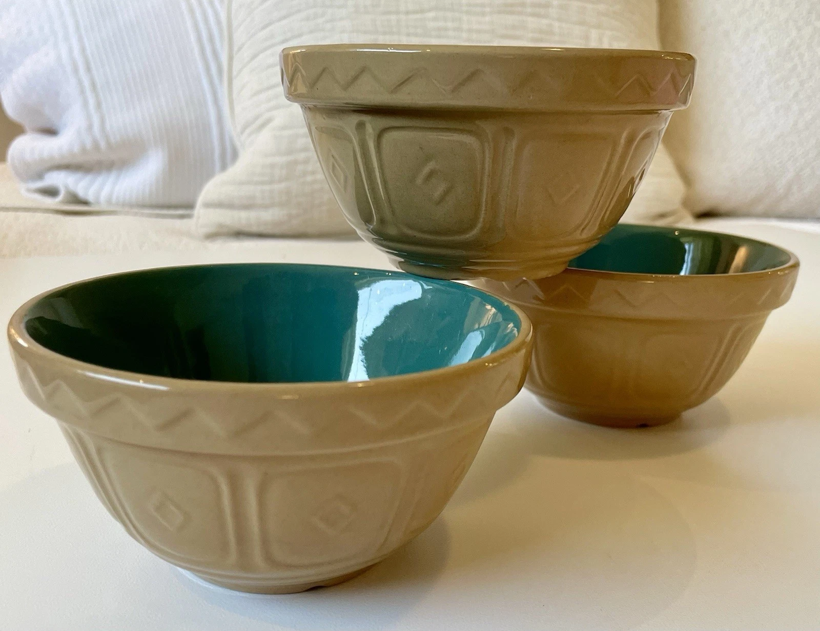 3 Vintage Mason Cash Church Gresley Cane & Green Glaze 4.5" Prep Bowls Stoneware